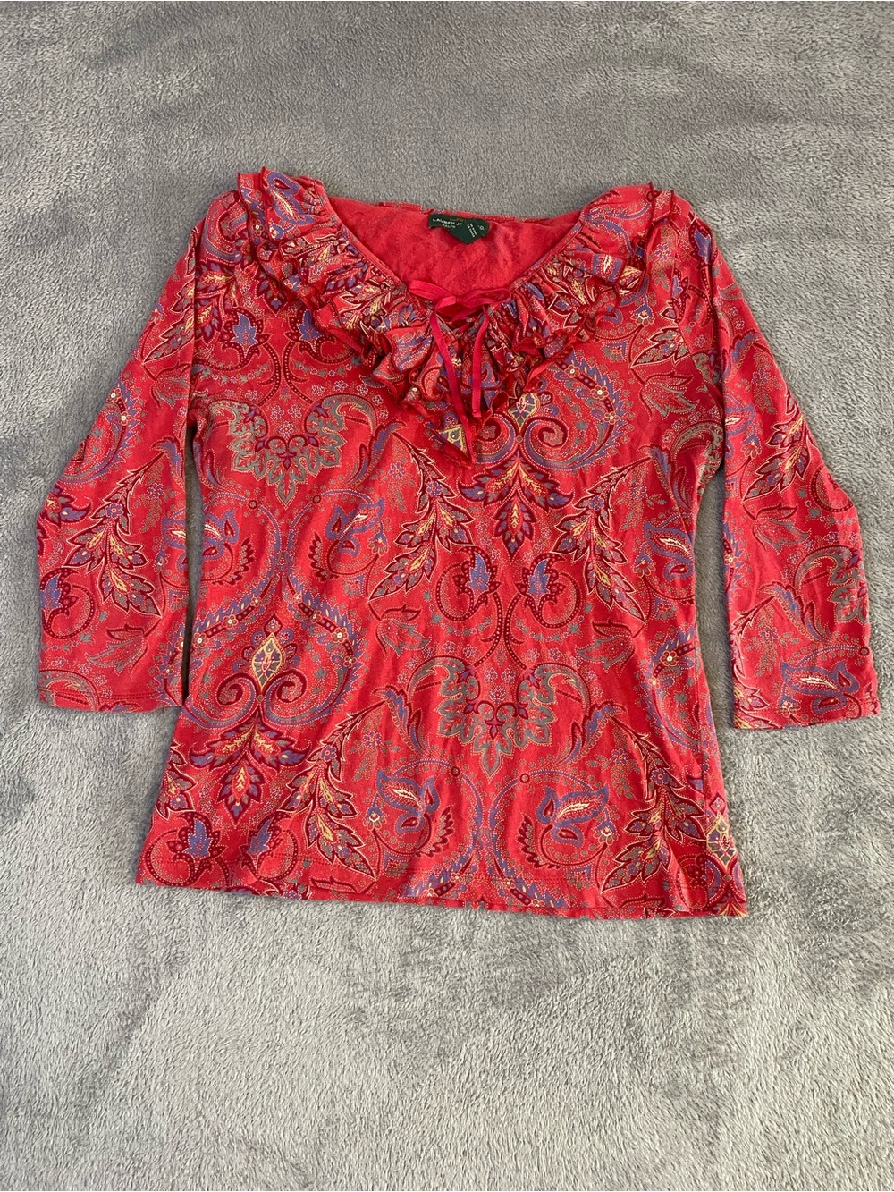 Lauren Ralph Lauren Red Paisley Blouse S Ruffled V-Neck Lace-Up Tie Y2K Whimsica